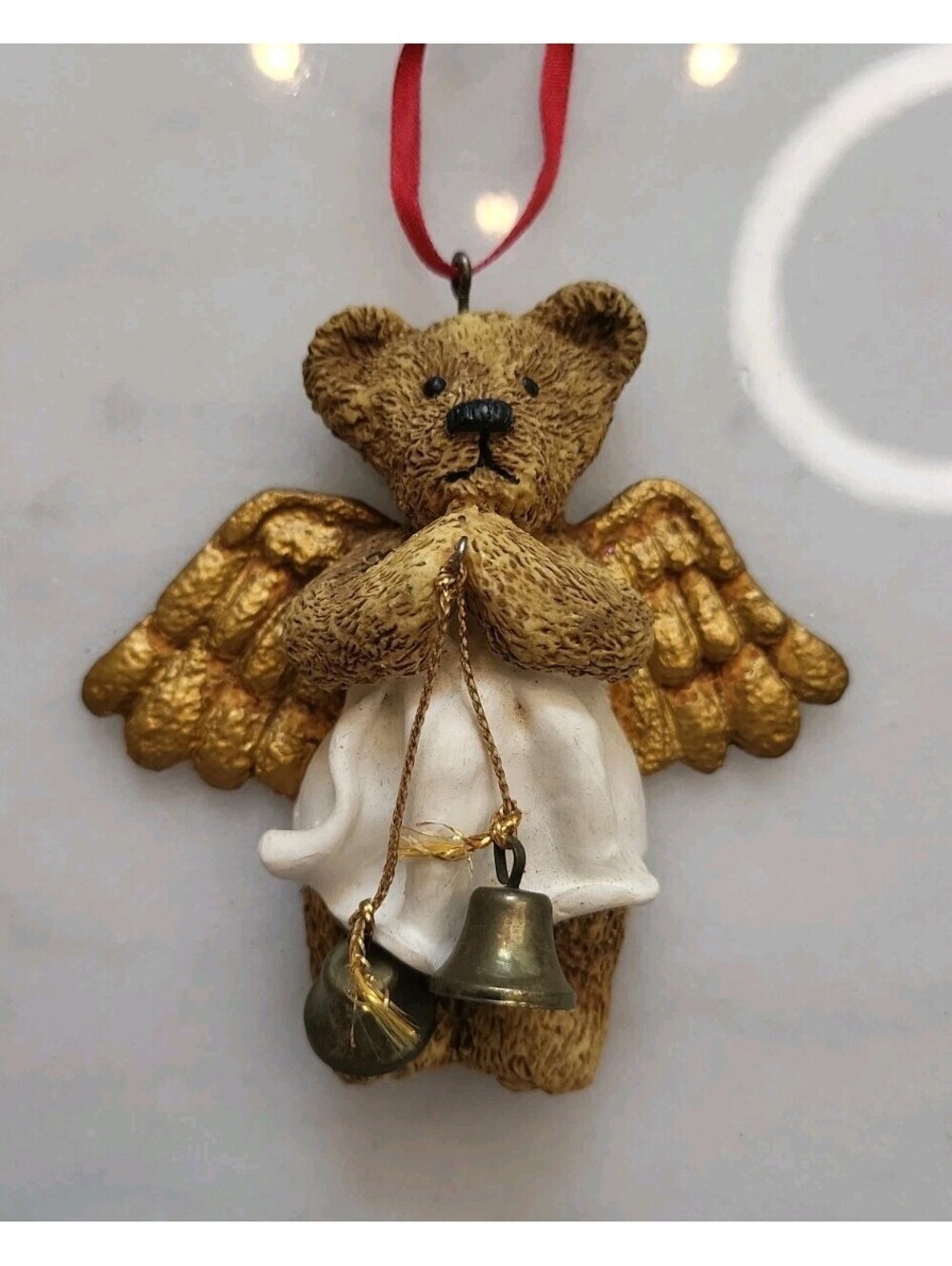 Vtg Resin Christmas Ornament EUC Angel Bear With Bells 3.75" A2